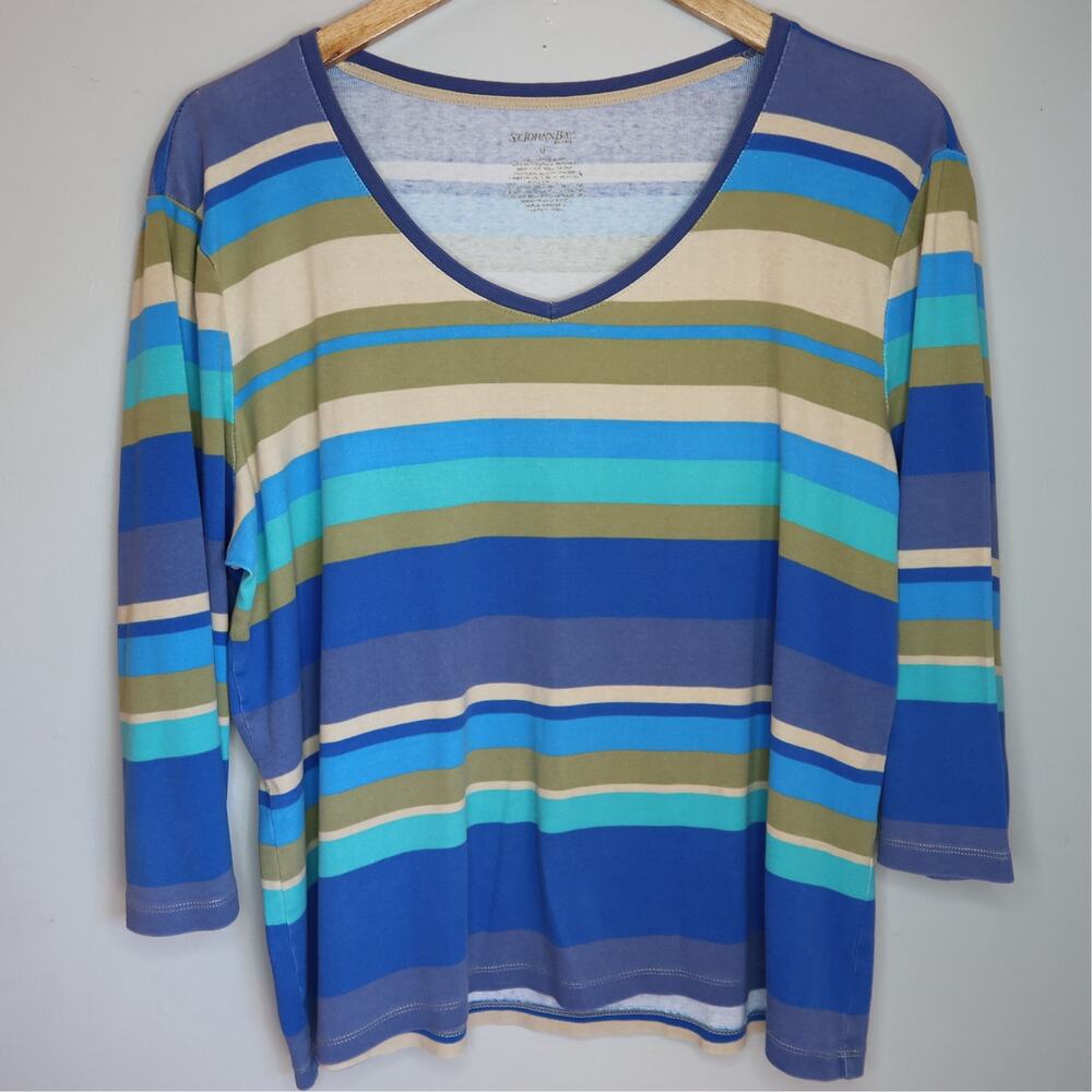 St John's Bay Vintage Striped Knit Top M Cotton V Neck 3/4 Sleeve Boho